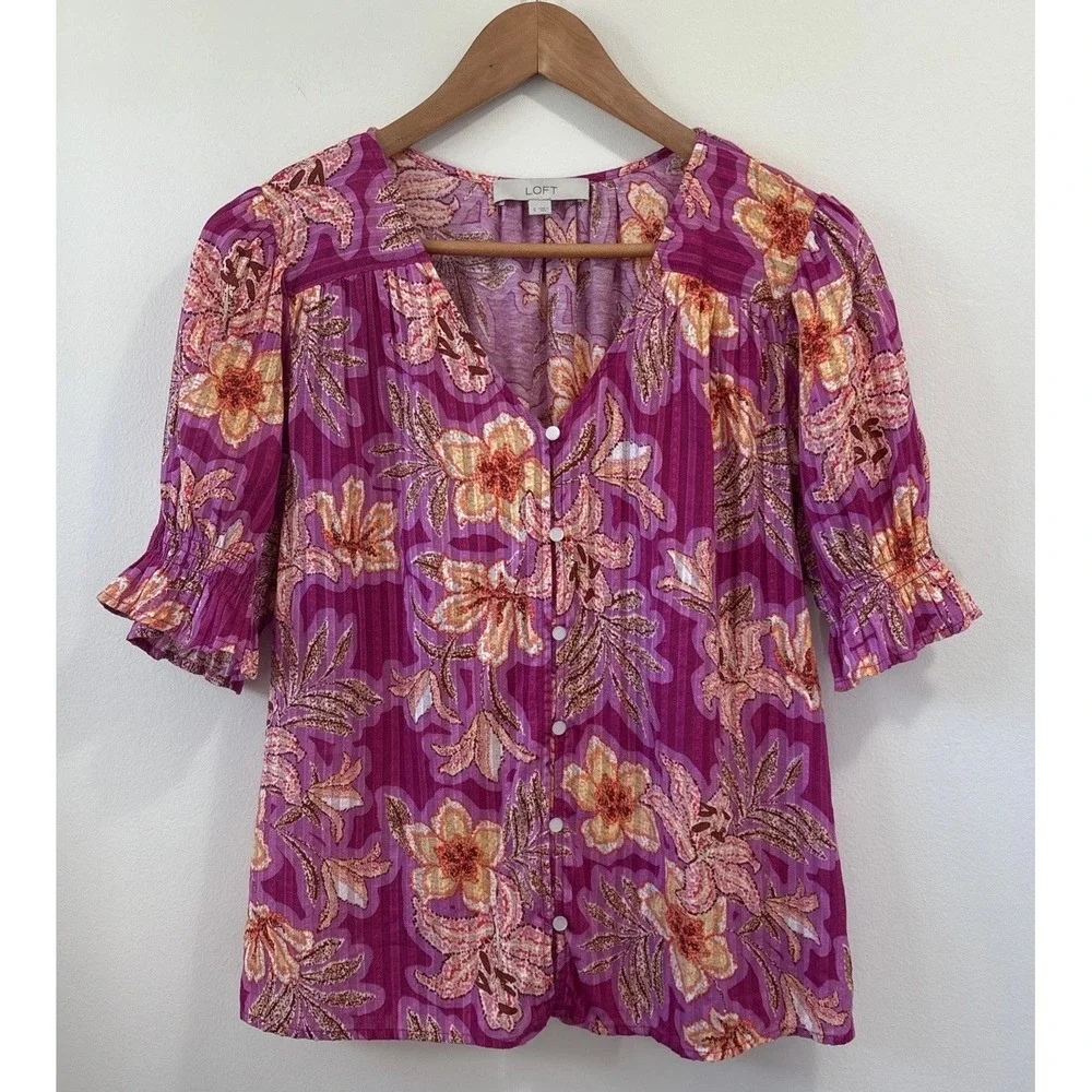 LOFT Floral Button-Front Top Womens S V-Neck Puff Sleeve Cotton